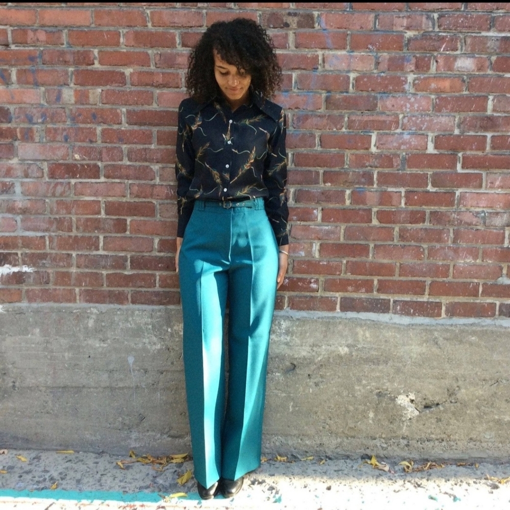 Champagne 100% Virgin Wool Teal Pleated Trousers High Waist Womens Size US 8
